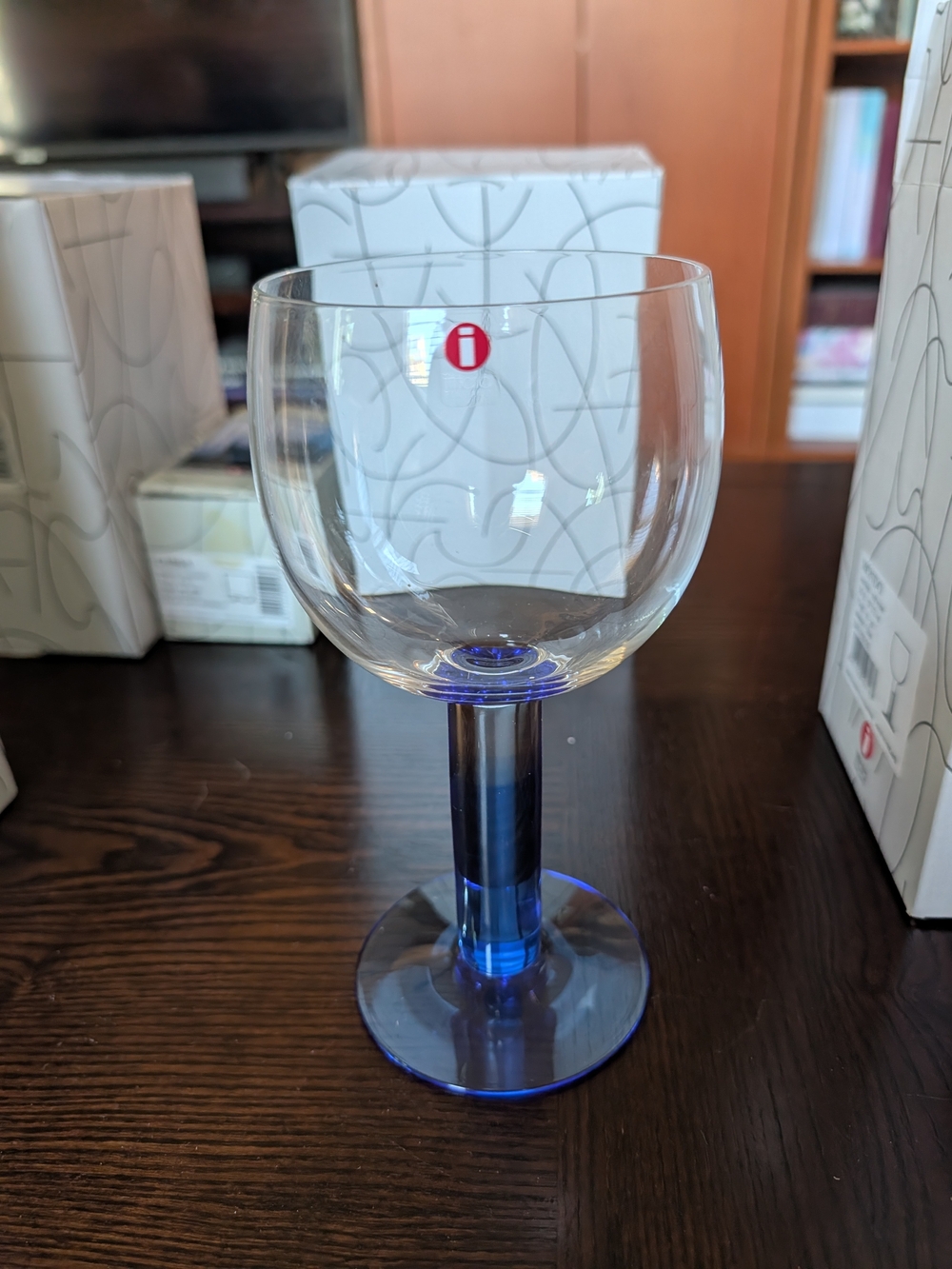 Iittala Finland Clear Red Wine Goblet with Blue Stem, Brand NWT, Vintage